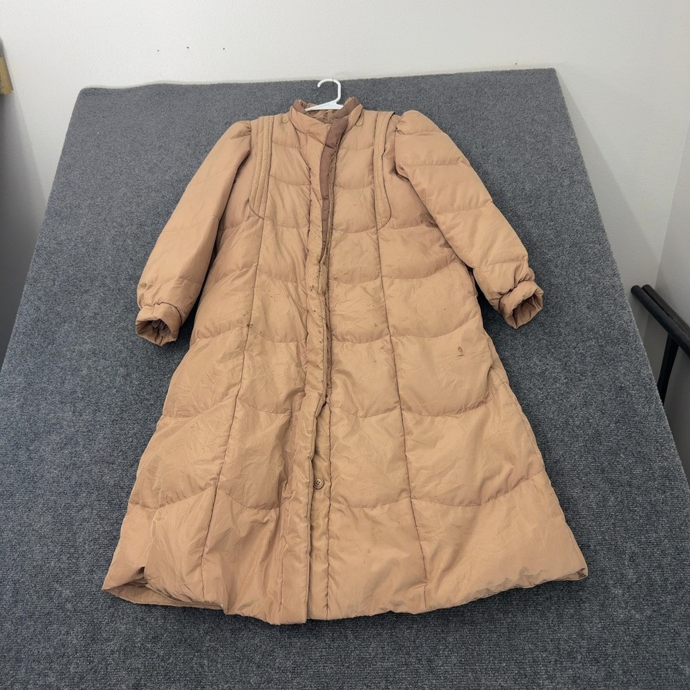 Vintage Down Jacket Womens S Tan Polyester Nylon Long Quilted Puffer Winter Gorp